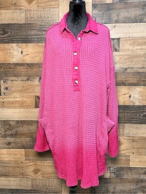 Free People Women's Pink Long Sleeve Waffle Shirt Dress Robe Large L TEP 130
